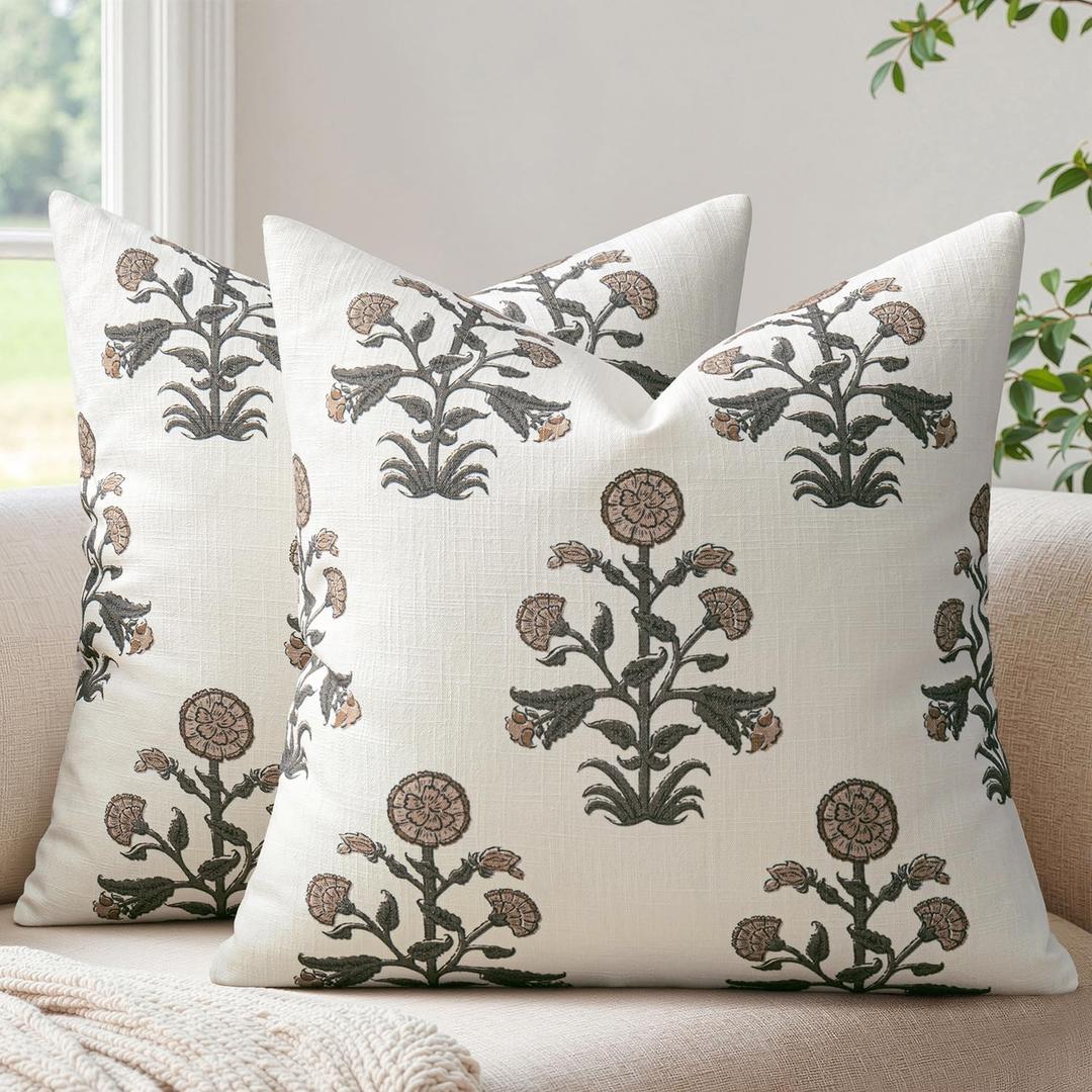 MIULEE Set of 2 Vintage Pillow Covers Neutral Decorative Floral Throw Pillows Block Print Boho Farmhouse Cushion Covers for Modern Rustic Home Decor Sofa Bed Living Room, 18 x 18 Inch, Brown