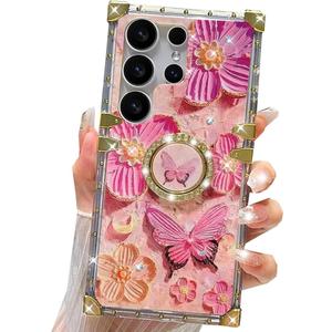 for Samsung Galaxy S25 Ultra Glitter Floral Case, Cute Colorful Retro Oil Painting Printed Flowers Butterfly Bling Sparkly Ring Kickstand Shockproof Women Girls Case for Galaxy S25 Ultra,Pink