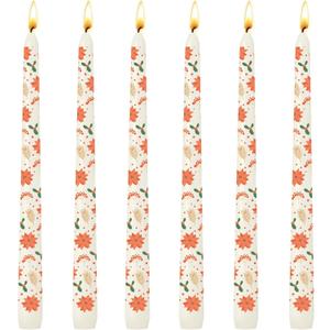 6 Pack Printed Taper Candle Set for Home Decoration, 10 Inch Ivory Candlesticks with Poinsettia Berries and Leaves Pattern for Dinner Holiday Seasonal Celebration, Dripless and Smokeless Candle