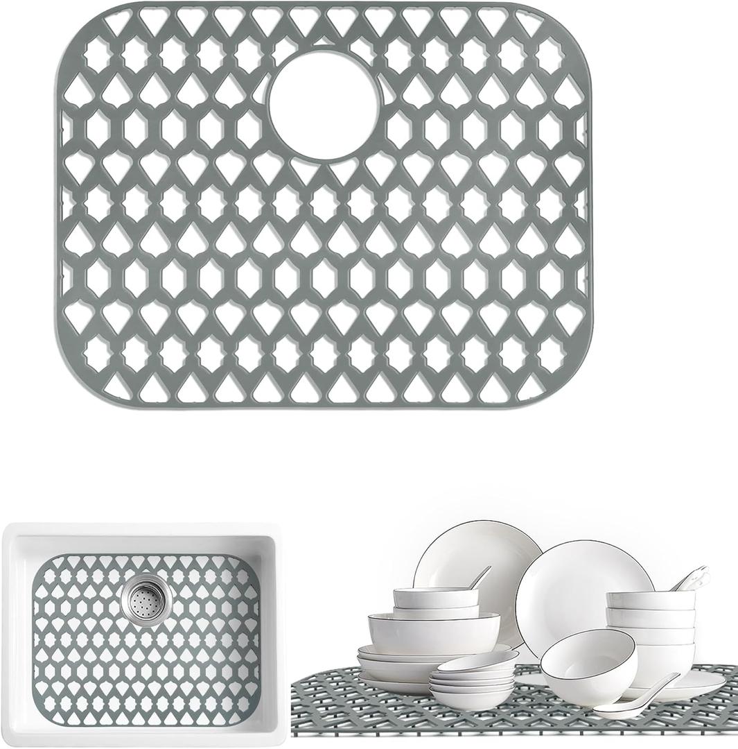 Silicone Sink Protectors for Kitchen Sink, Multiple Sizes Mats Grids for Bottom of Farmhouse Stainless Steel Porcelain Sinks (21x16, Rear Drain) (Gray (1 Pack))