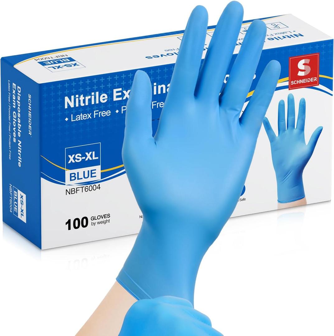 Schneider Nitrile Exam Gloves, Medical Grade Blue Disposable Gloves Latex Free, Rubber Glove for Cleaning, Cooking, Food Prep (Large)