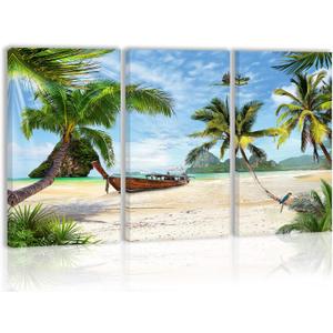 Palm Tree Wall Art Decor Tropical Beach Coconut Tree Modern Artwork Canvas Painting Prints Pictures Home Decor For Living Room Dining Room Bedroom 16X32Inches(40X80Cm), 3 Panels