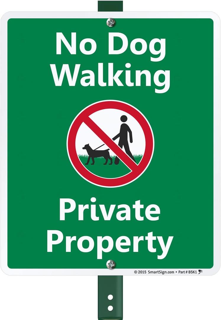 SmartSign 12 x 10 inch No Dog Walking - Private Property LawnBoss Yard Sign with 3 foot Stake, 40 mil Laminated Rustproof Aluminum, Multicolor, Set of 1, Made in USA