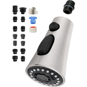 Universal Kitchen Faucet Head Replacement with 15 Adapters Compatible with Moen/Pfister/Peerless/Kohler Curve Shape Faucet, 3 Function Pull Down Sink Faucet Sprayer Head, Brushed Nickel