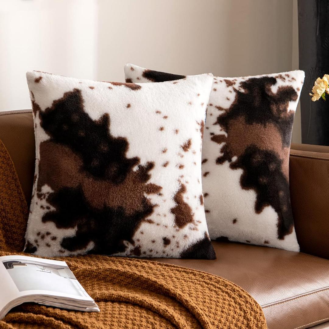 Woaboy Pack of 2 Luxury Faux Fur Throw Pillow Covers Cowhide Decorative Soft Fluffy Plush Couch Throws Brindle Cushion Covers for Couch Living Room Sofa Bedroom 22x22 Inch