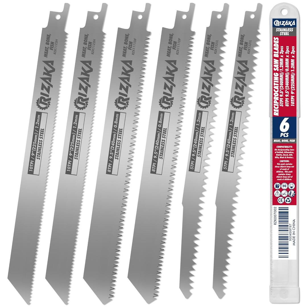 6 Pack Reciprocating Saw Blades for Frozen Meat Bone Fish - 5TPI 9.5"(240mm)/1.2mm x 2 pcs, 8TPI 9.5"(240mm)/0.8mm x 2pcs, 10TPI 9"(225mm)/1.2mm x 2pcs - Stainless Steel Sawzal Blades + Storage Box