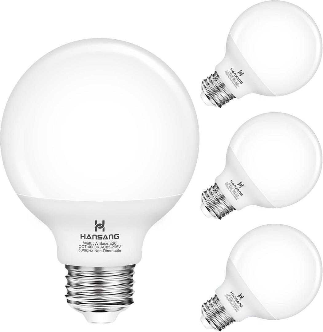 hansang Vanity Barthroom Light Bulbs, E26 Base G25 LED Globe Bulb 4000K Natural Daylight, 5W (60 Watt Equivalent) Non-dimmable Vanity for Bathroom Mirror and Decoration Lighting, 4 Pack