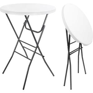 Cocktail Table 28in Portable Folding Bar Height Table, Compact Round High Top Plastic & Steel Bistro with Removable Legs, for Indoor Outdoor RV Patio Catering Parties Commercial Events-1pc (White)