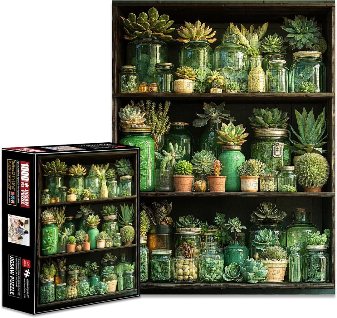 1000 Piece Jigsaw Puzzles for Adults, Green Succulents and Cactus in Glass Jars, Botanical Plant Shelf Puzzle, Relaxing Nature Family Game Home Decor