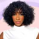 Curly Bob Wig with Bangs 10inch Short Curly Wigs for Black Women Human Hair 180% Density Glueless Water Wave Brazilian Hair wigs None Lace Front Wig Natural Black