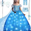 Princess Costume for Girls, Light Up Princess Dress with Accessories, Wand, Cape, Crown, Bag, Halloween Dress Up Clothes for Girls, Christmas Princess Costume for Girls, 140 (8-9 Y)