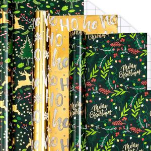Homeral Christmas Wrapping Paper Rolls - Green Metallic Foil Shine Deer and berries, Gold Ho Letters Gift Wrap Set for Christmas, New Year Celebration, Holiday - 3 Rolls - 17 Inch x 120 Inch Per Roll