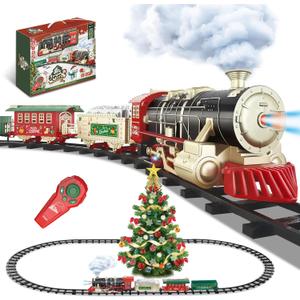 Remote Control Train Set with Steam, Lights and Sounds, Electric Toy Train for Kids Ages 4-8, Christmas Tree Train Set with 4 Cars & 14 Tracks, Year-Round Play and Room Decor