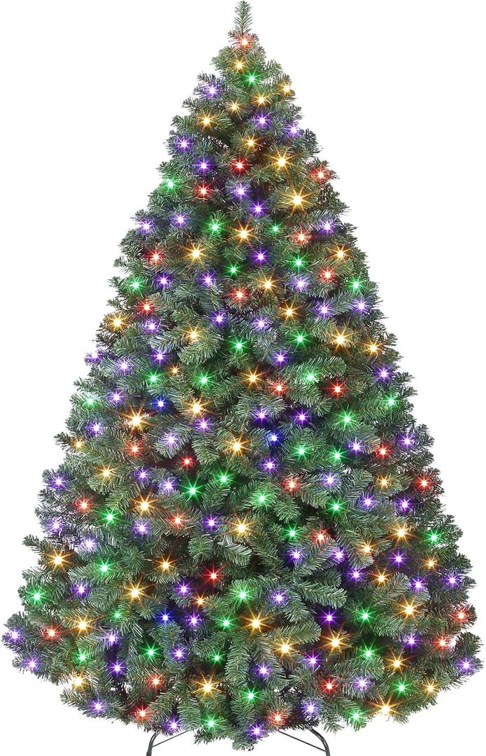 6ft Prelit Christmas Tree - Fluffy Fraser Fir with 350 Multicolor Lights & 9 Modes, Hinged Branches & 900 Tips, Artificial Christmas Tree Includes Stand with Foot Switch for Holiday Home Decor