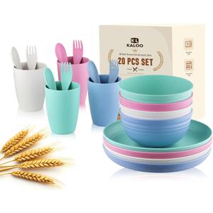 Wheat Straw Dishes Dinnerware Sets, Kaloo 20pcs Lightweight Unbreakable Dish Set, Microwave and Dishwasher Safe, Reusable Kids and Toddler Plates and Bowls Sets