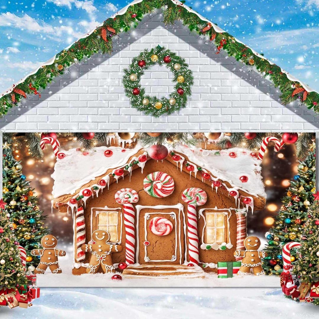 16X7FT Christmas Gingerbread House Garage Door Decorations Christmas Wall Decorations Xmas Gingerbread Banner Candy Winter Scene Photography Background for Garage Door Cover Xmas Party Decor