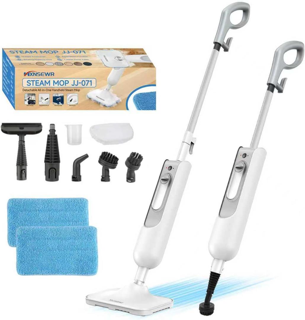 Steam Mop All-in-one Multi-Functional Powerful Steam Cleaner, Handheld Detachable Floor Steamer with 2 Steam Level, 380ML Water Tank & 23FT Power Cord for Floor Cleaning, Bathroom,Clothes, Furniture (White-)