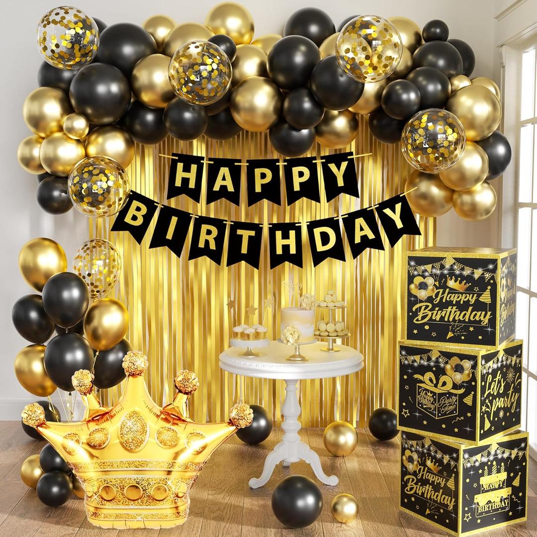 Gold Birthday Party Decorations Kit for Men,3pcs birthday Decorations for Men boys black and gold Balloon Boxes Birthday Party Favors