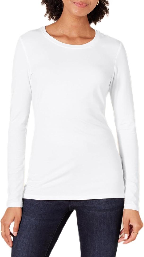 Amazon Essentials Women's Regular-Fit Long-Sleeve Crewneck T-Shirt, White, Small
