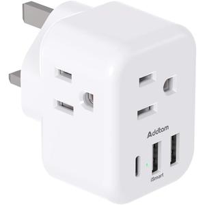 US to UK Ireland Plug Adapter, Addtam Type G Power Adapter with 3 AC Outlets and 3 USB(1 USB C), Travel Essentials for USA to Dubai Scotland British London England Hong Kong Irish