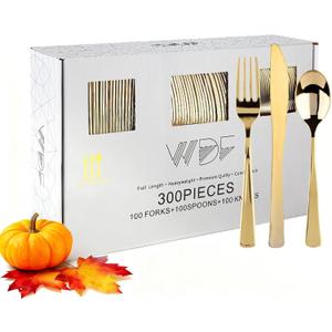 WDF300 Pieces Gold Plastic Silverware - Heavy Duty Disposable Cutlery Set Plastic Gold Silverware Set Includes 100 Forks, 100 Spoons, 100 Knives for Party/Thanksgiving