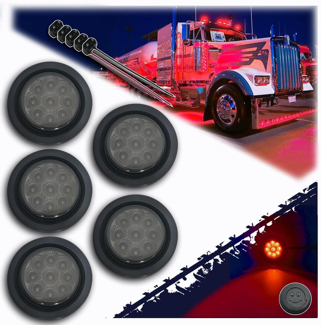 2-inch Red Led Trailer Lights 5pcs-Pack Round Marker Light Kits w/Plugs & Grommets Waterproof 9 Diodes Tail Lighting for 12V Trucks Boat Submersible