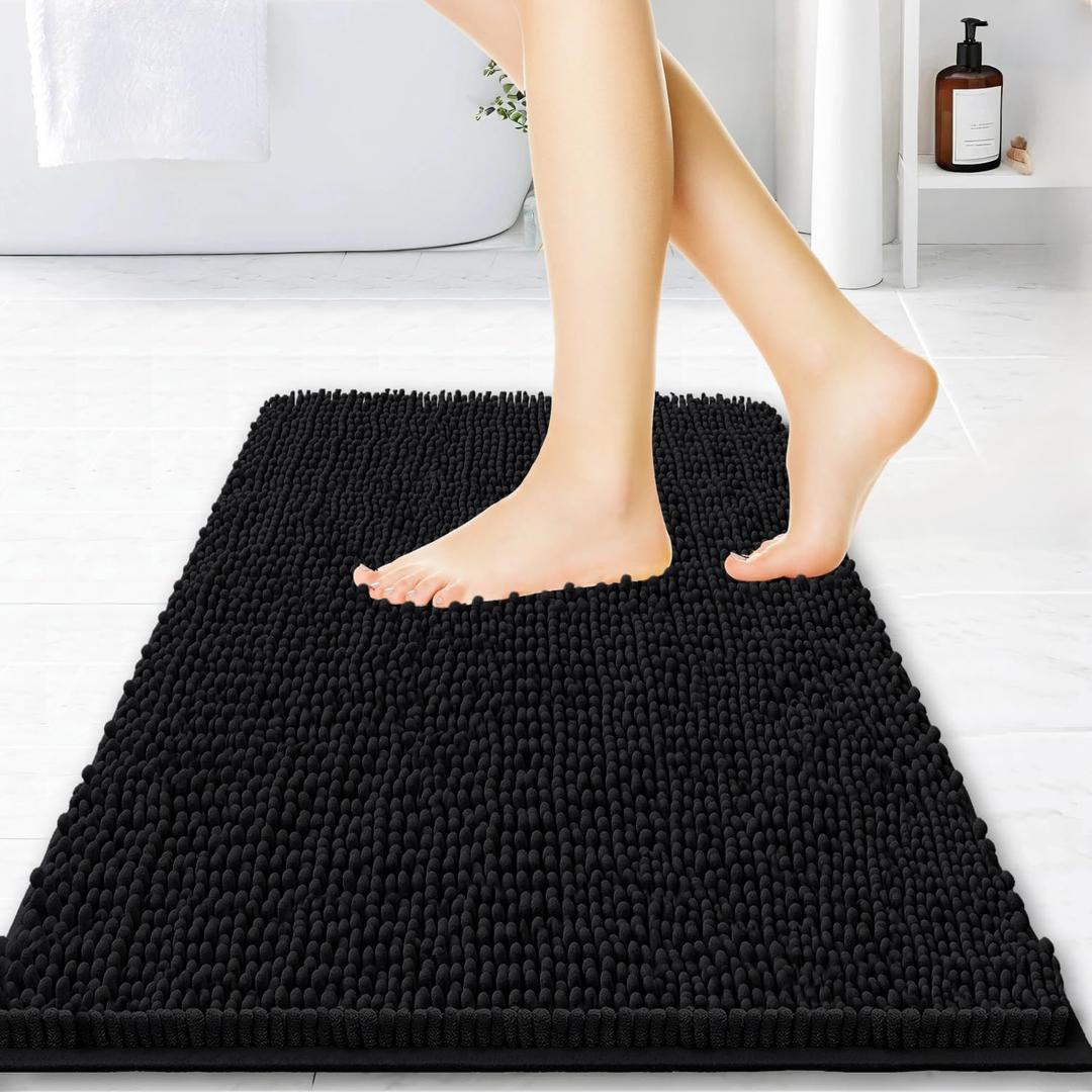 BOANKODU Bathroom Rugs 15x23, Extra Soft Absorbent Chenille Bath Rugs, PVC Backing Quick Dry, Machine Washable Bath Mats for Bathroom Floor, Tub and Shower, Home Decor Accessories, Black