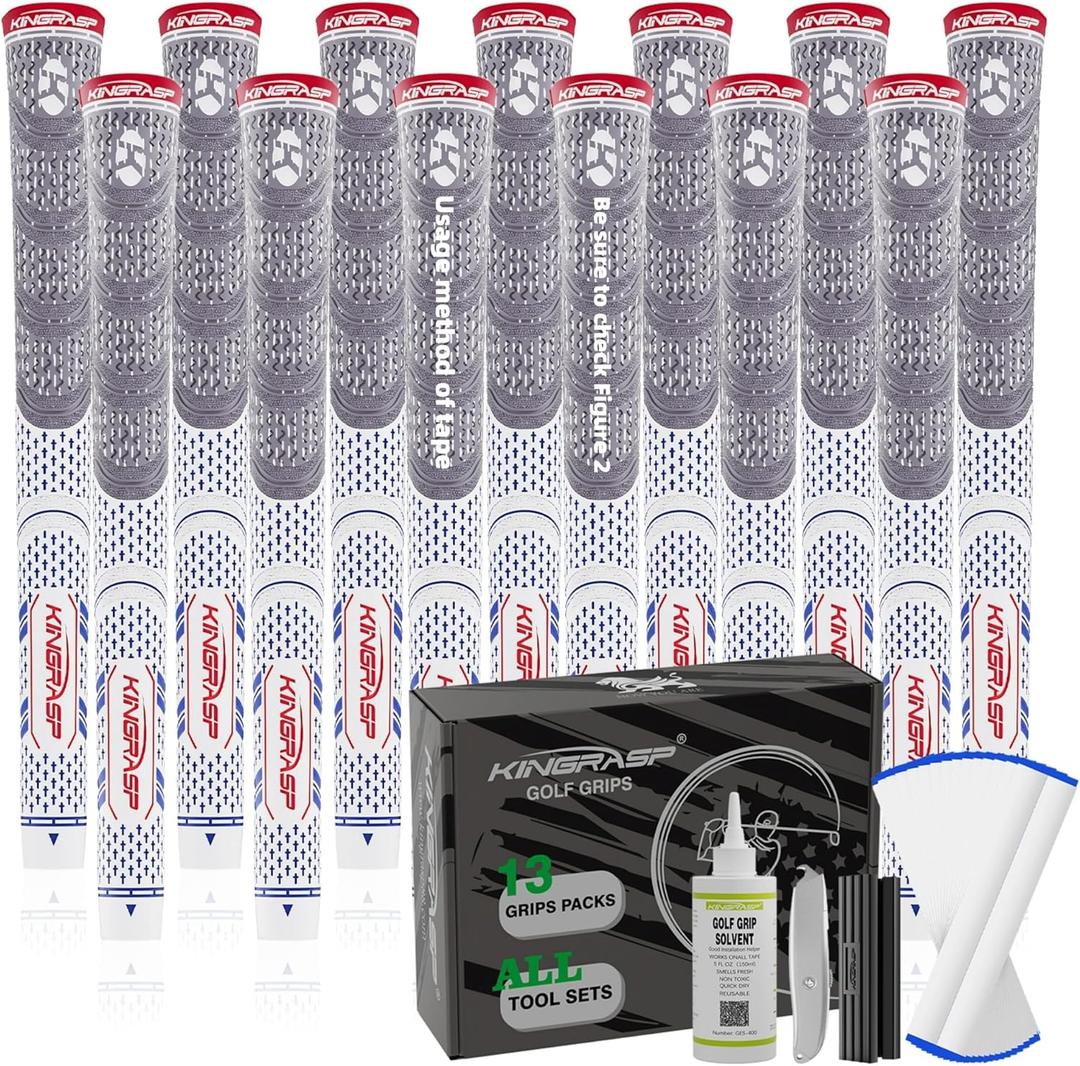 KINGRASP Premium Rubber Golf Grips 13 Pack, Anti-Slip Super Stability, Cord Rubber, Golf Club Grips, Standard/Mid Size/Oversize,13 Grips with All Kits