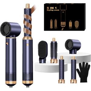 Blow Dryer Brush 5 in 1, Negative Ion Hair Dryer Brush Set Upgrade Hot Air Brush Air Styler Curling Wrap Air Curler, Curling Iron Hair Styling Tools As A Gift for Straight/Curl/Drying/Smoothing (Blue)