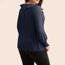Womens Indigo Solid Texture Pleated Ruffle Trim Blouse V Neck Long Sleeve Top Casual Shirt, XL