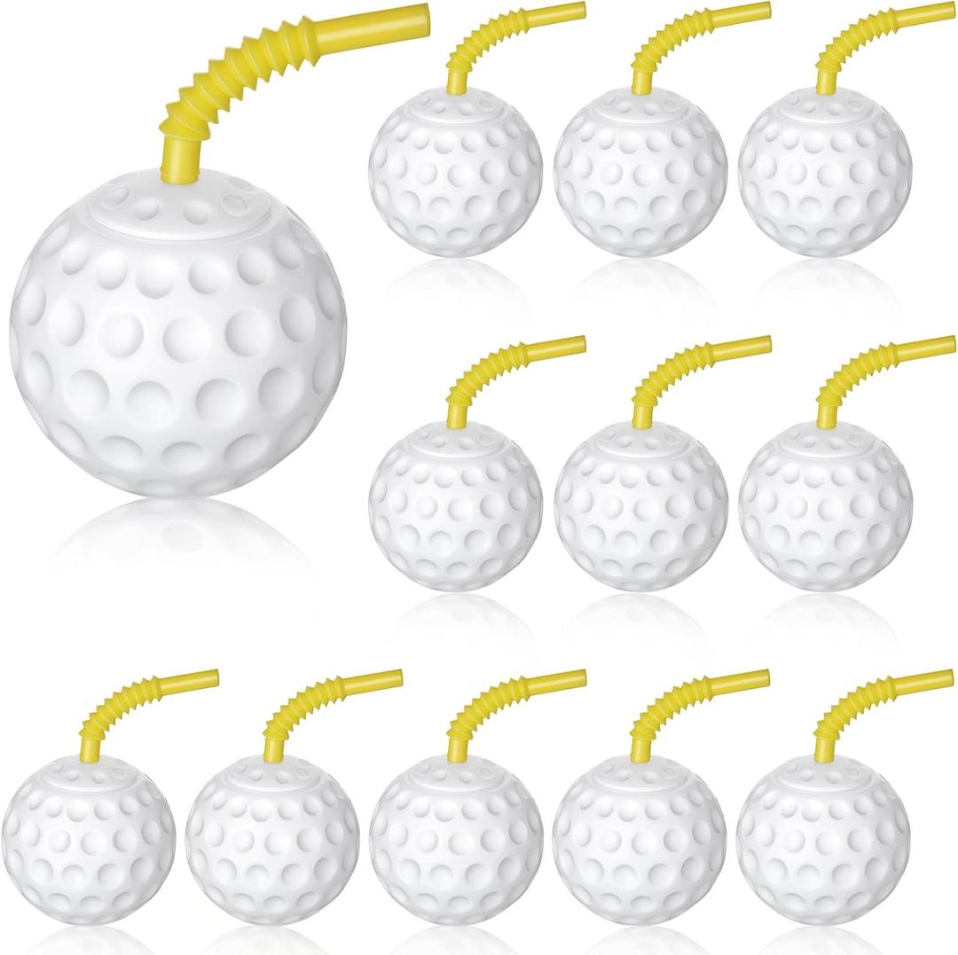 Golf Ball Cups with Lid and Straw - 14 oz Plastic Party Favors, Shaped Decorations for Drinking, Themed Parties (12)