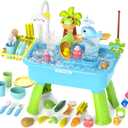 4-in-1 Electric Water Table Toy for Toddlers 1-3,Kitchen Play Sink Toys with Running Water for Kid with Water Pump,Animals, Food, Tableware,Pretend Role Birthday Toy for Boy and Girl