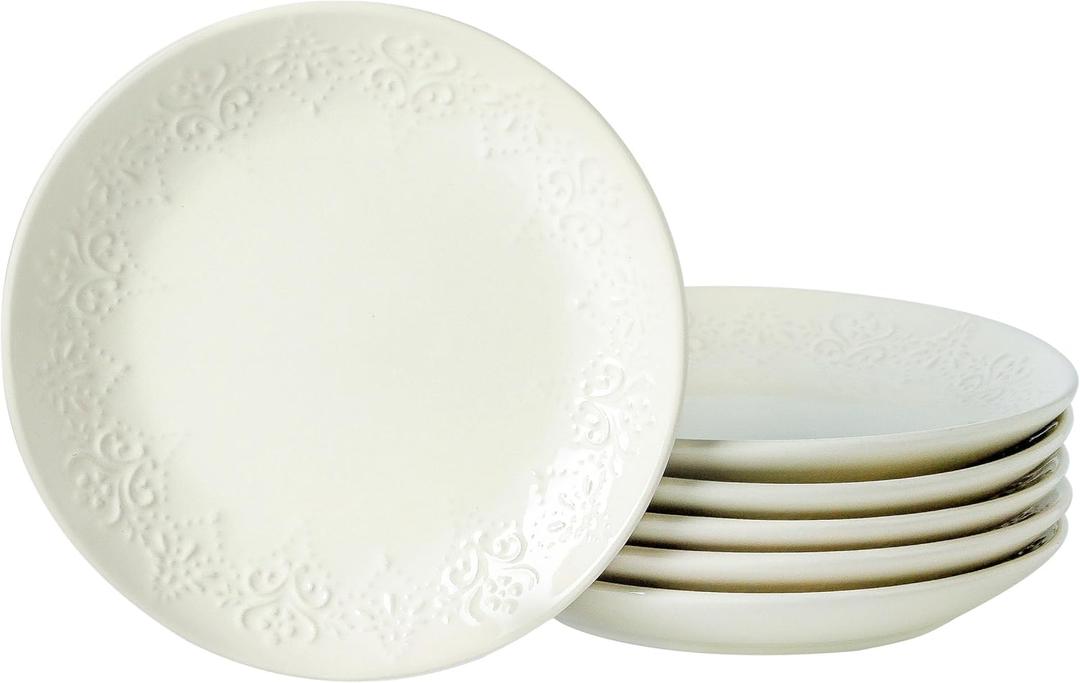 Neaylfe 6 Inch Ceramic Dessert Plates Set, Embossed Appetizer Plates for Kitchen, Lightweight Round Plates, Small Salad Plate for Cake Snacks Side Dish, Microwave Dishwasher Safe, Set of 6