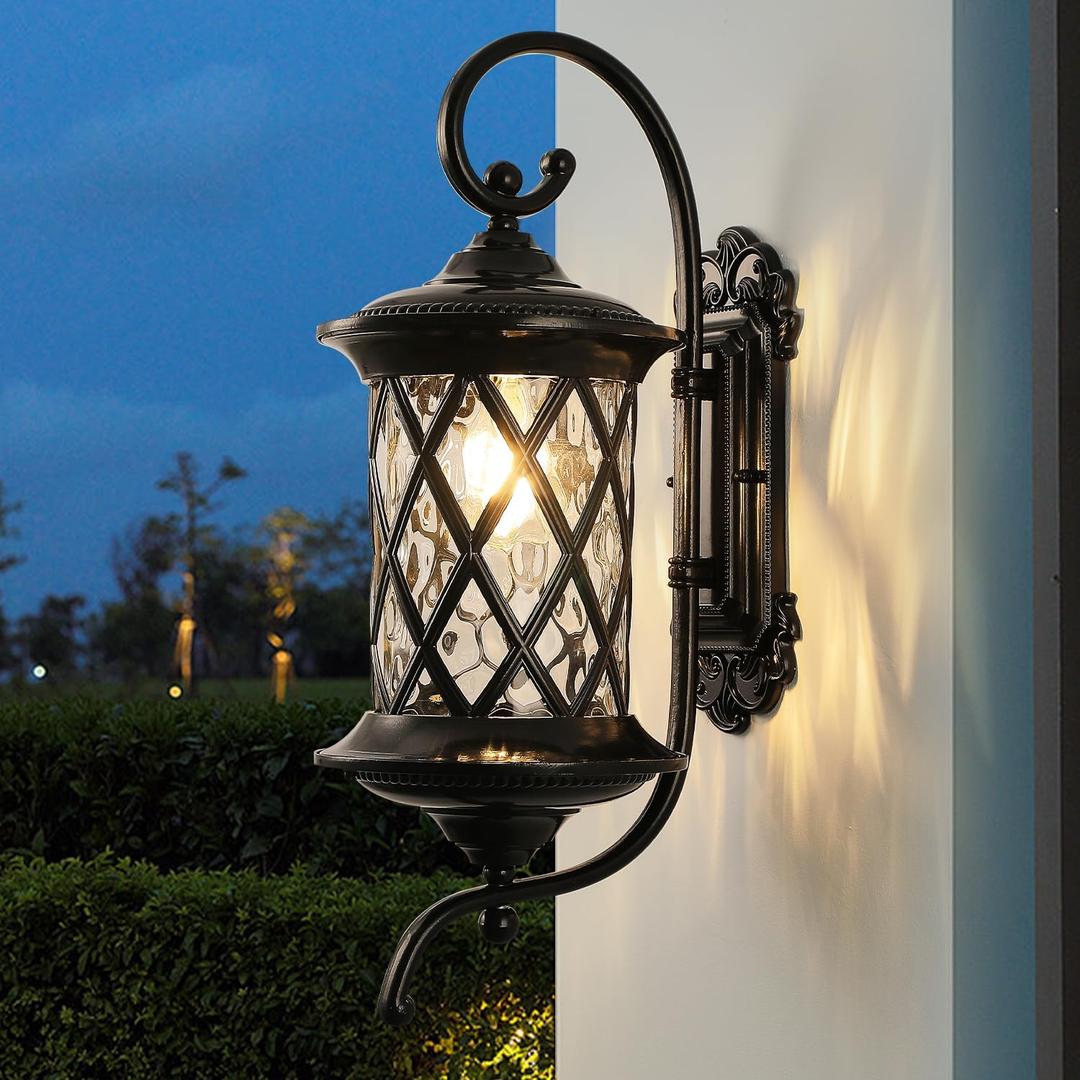 NLIEOPDA Retro Large Outdoor Wall Lanterns 24" Exterior Light Fixtures Coach Light Waterproof Aluminium with Water Glass Outside Wall Lamps for House Front Door Garage Porch Lighting, Black