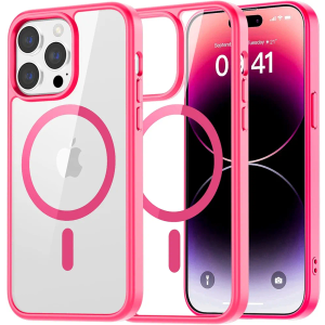 SUPFINE Magnetic for iPhone 14 Pro Max case, [Compatible with MagSafe][Clear Hard Back with Soft TPU Bumper][12FT Military Grade Drop Protection] Shockproof Phone Case, Clear Hot Pink