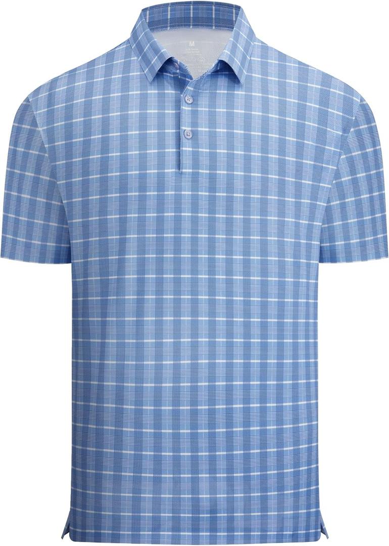 Alex Vando Mens Printed Golf Shirt Cooling Performance Short Sleeve Stretch Dress Polo Shirts Men (Large, Blue White Check)