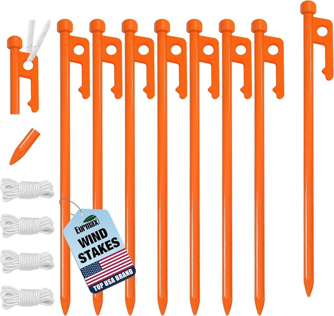Eurmax USA 10 inch Multiuse Heavy Duty Steel Tent Stakes Tarp Pegs Camping Stakes for Outdoor Camping Canopy and tarp with 4 Ropes 10FT Length (orange)