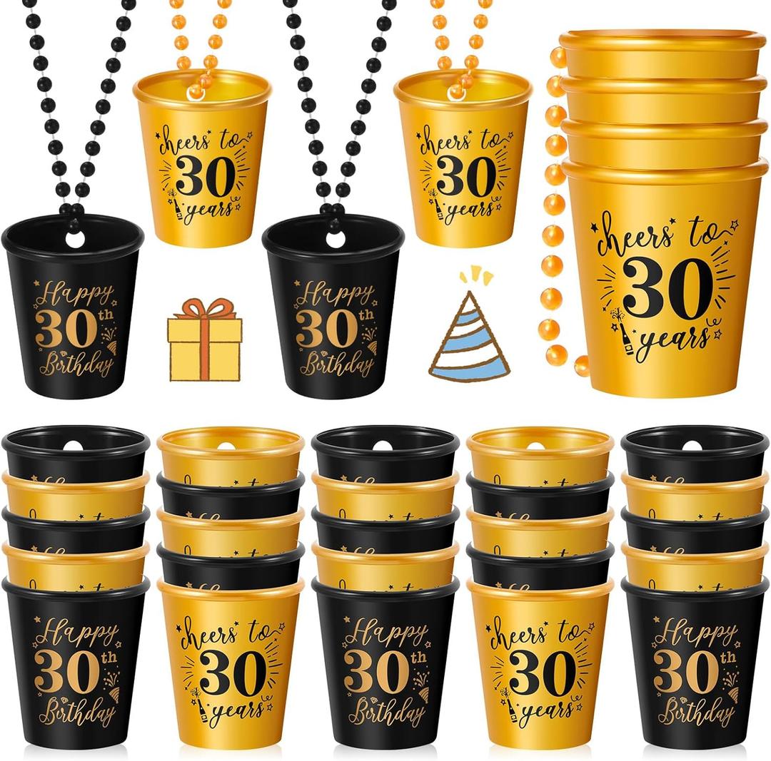 Sureio 24 Pcs 30th Birthday Party Favors Shot Glass Necklaces Cups Bulk for Women Men Guests, Plastic Gold and Black Shot Necklace Cups for Birthday Anniversary Supplies