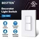 BESTTEN 2 Pack Double Rocker Light Switch, Two Single Pole Electrical Paddle Switch, 15A 120V, Dual in-Wall, Combination Interrupter, Screwless Wallplate Included, UL Listed, White
