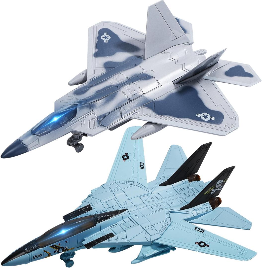 Double Fighter Jet Toy, F14 & F22 Diecast Planes with Lights & Sounds, Pull Back Military Airplane Toy Gift for Toddler,Kids, Boys