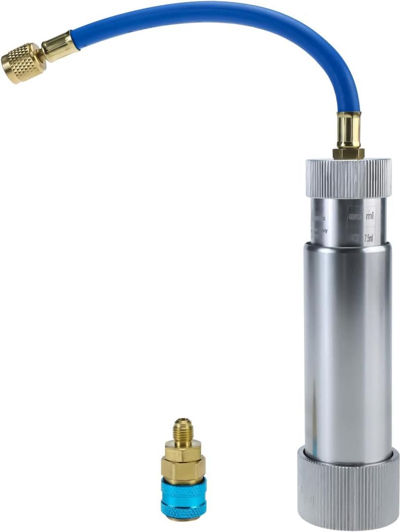 A/C Oil and Dye Injector Refrigerant Tools 1/4" SAE Connector 2 OZ Hand Turn Screw with Snap Quick Coupler for R134A R410A R22 R12 System