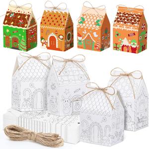 Epakh 48 Pcs Christmas Coloring Gift Boxes Mini Gingerbread House Cookie Goodie Boxes Christmas Treat Bags for Xmas Birthday Party Favors Color Own Gift Candy Packaging Bag 3.94 x 2.76 Inch(White)