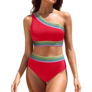 Women High Waisted Bikini Set - One Shoulder Two Piece Swimsuits Color Block Bathing Suits with Swimwear Bottom (Small, Red) Women High Waisted Bikini Set - One Shoulder Two Piece Swimsuits Color Block Bathing Suits with Swimwear Bottom (Small, Red)