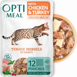 Optimeal Grain-Free Wet Cat Food Pouches Chicken & Turkey in Savory Gravy, High Protein & Moisture-Rich Tender Morsels, Indoor Adult Cat Wet Food with Natural European Ingredients, 3 oz, EXP  Mar 19/2027 (Pack of 12)