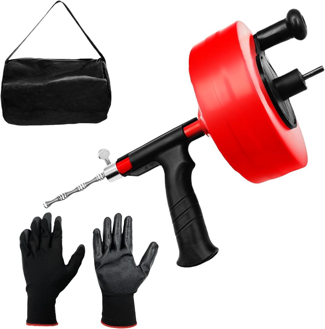 Drain Snake 50 FT, Auger Drain Snake Hair Drain Clog Remover, Plumbing Snake with Drill Attachment, Plumbing Snake for Toilet, Sink and Shower, Manual or Powered Use, w/Gloves and Storage Bag