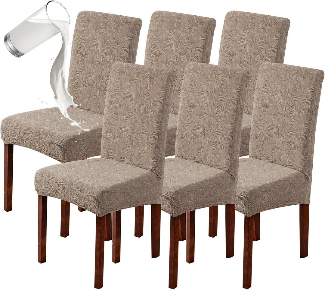 Genina 100% Waterproof Dining Room Chair Covers Set of 6 Stretch Kitchen Chair Covers Parsons Chair Slipcovers for Dining Room Chair Protector Cover, Removable, Washable (Leaf Pattern-Taupe)
