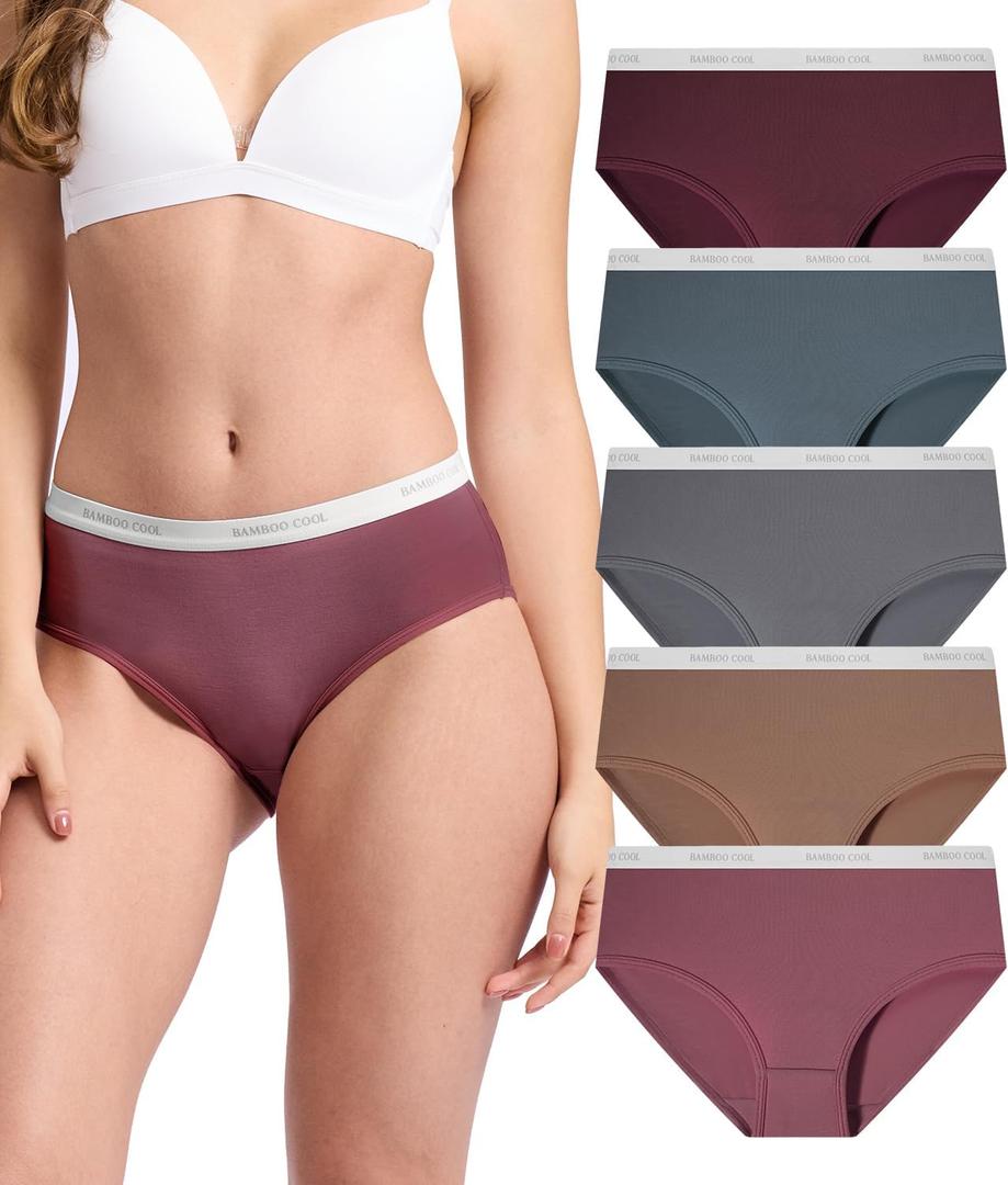 BAMBOO COOL Womens Underwear, Moisture-Wicking Briefs, Soft and Breathable Panties, Mid Waist, 5-Pack (L)