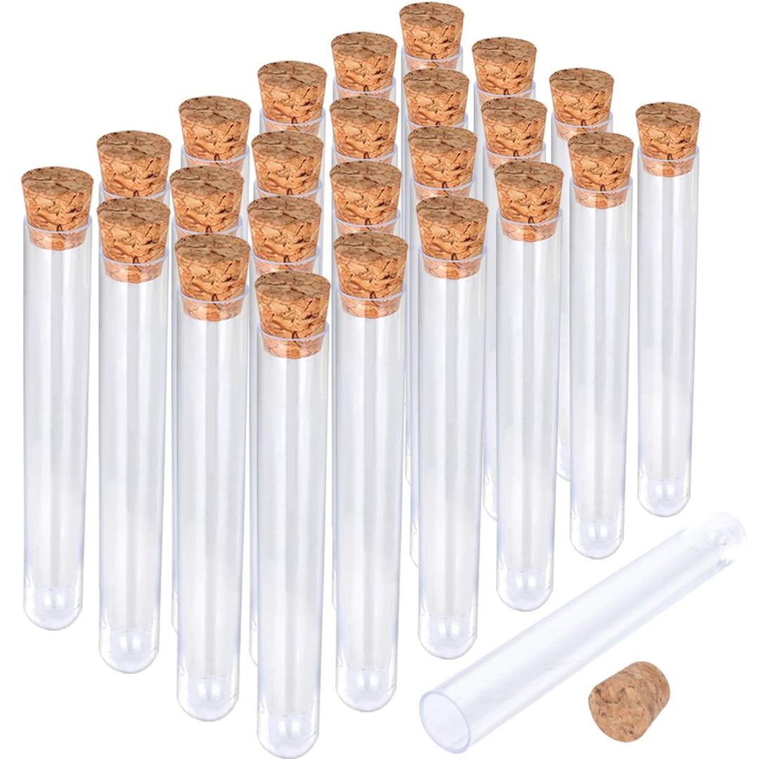 25Pcs Clear Plastic Test Tubes with Cork Stoppers, 15x100mm 10ml, Good Seal for Jewelry Seed Beads Powder Spice Liquid Storage, Lab Use or Decoration