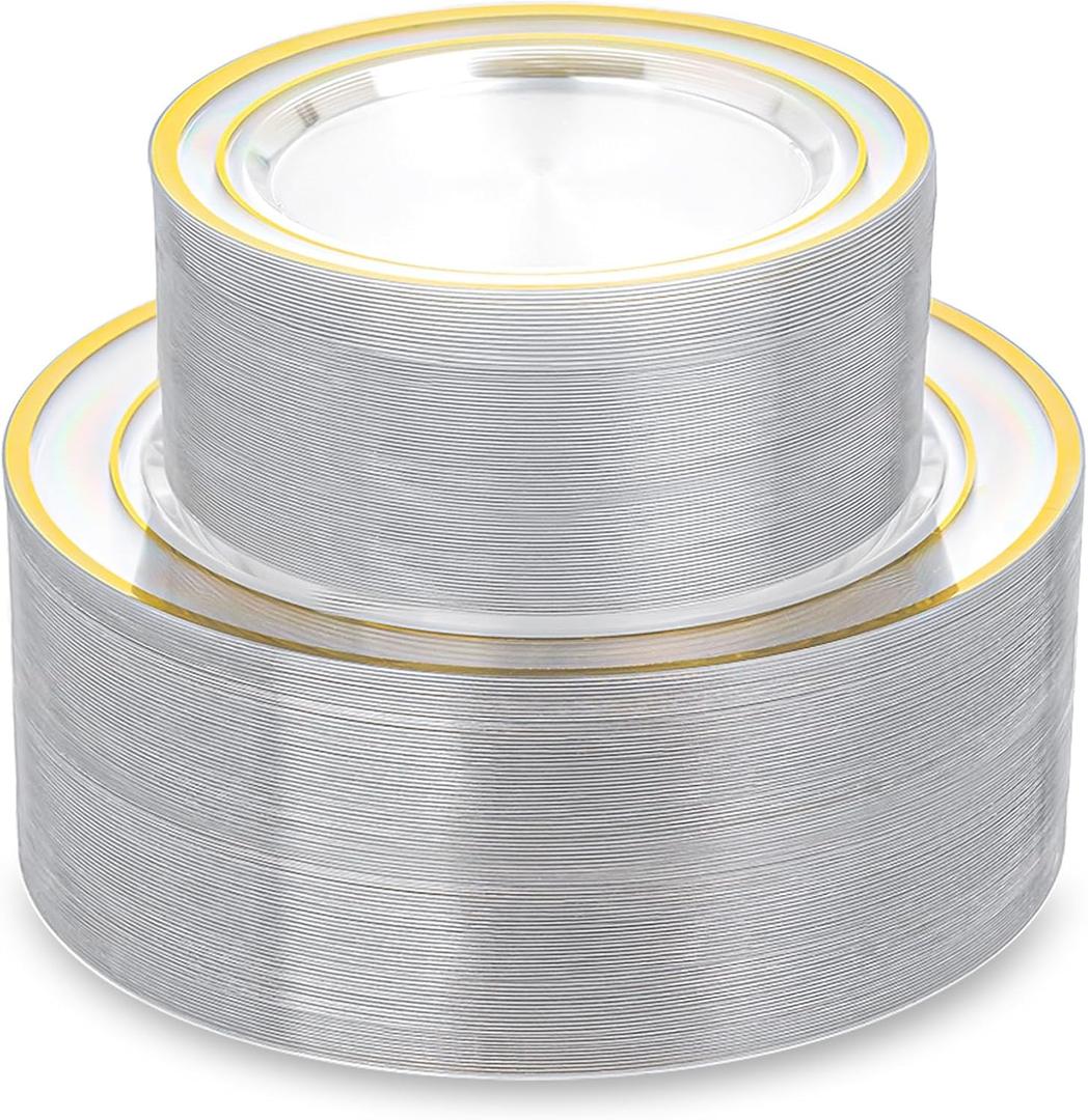 200PCS Clear Plastic Plates, Disposable Party Plates with Gold Rim