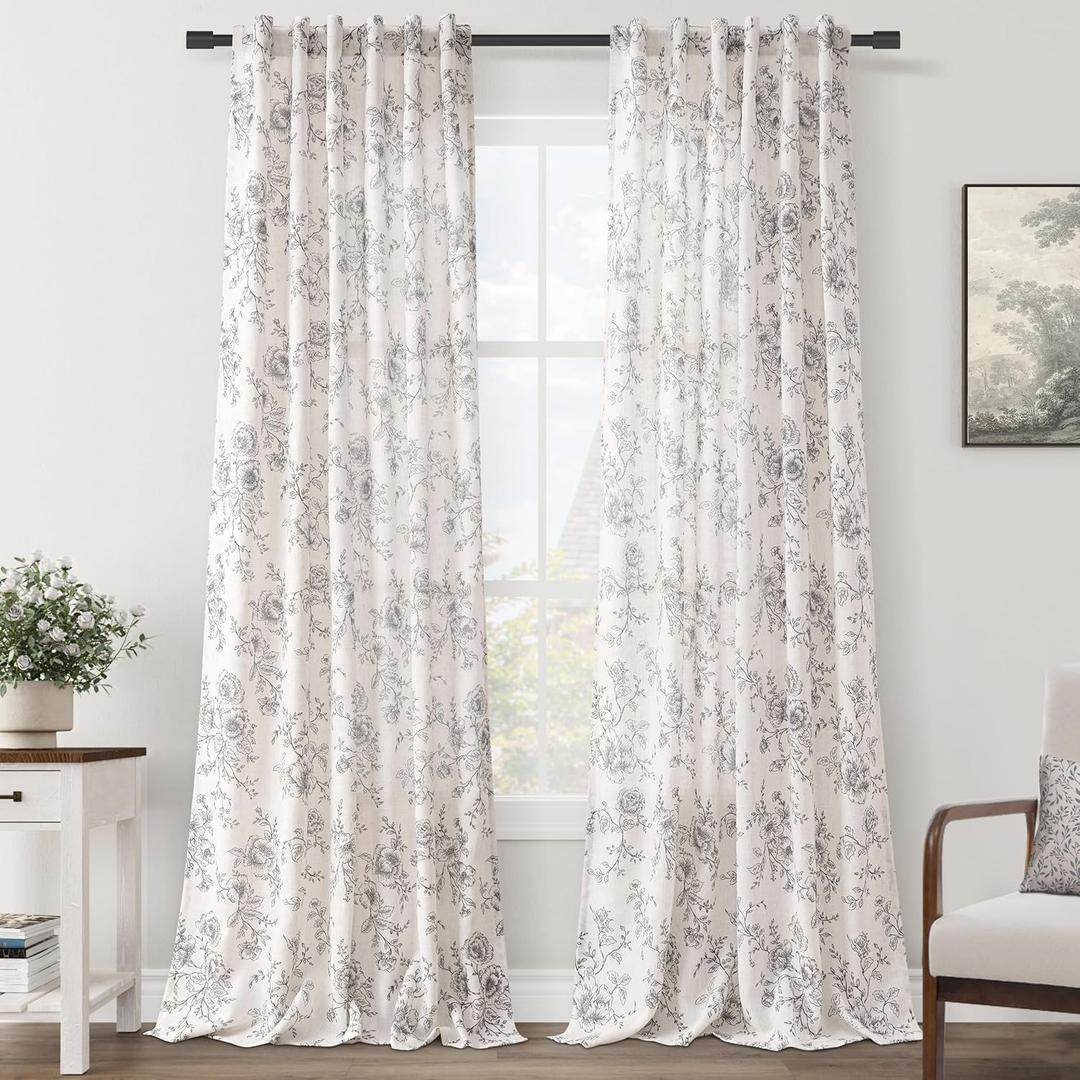 Floral Linen Curtains - 100 Inch Length for Living Room & Bedroom, Botanical Patterned, Burlap Textured, Rustic Farmhouse, Shabby Chic, Extra Long Drapes